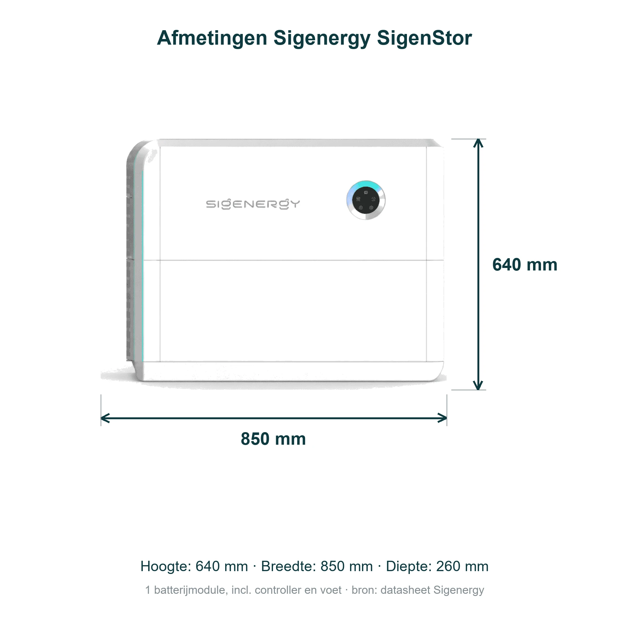 Afmetingen Sigenergy SigenStor met 1 module: 640 x 850 x 260 mm